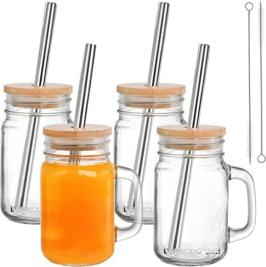 Tazze Di Vetro Mason Jar Con Coperchio Di Bambù E Cannuccia