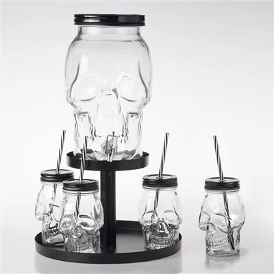 Dispenser per bevande con teschio in vetro con barattolo di vetro