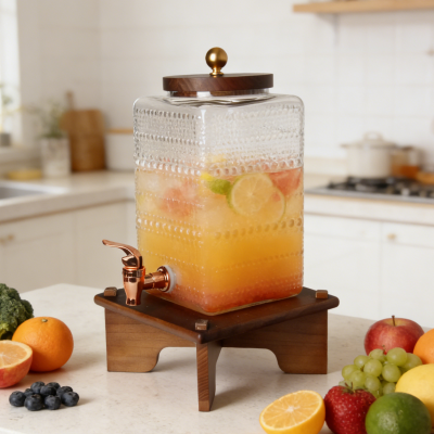 Dispenser quadrato in vetro con accenti in legno
